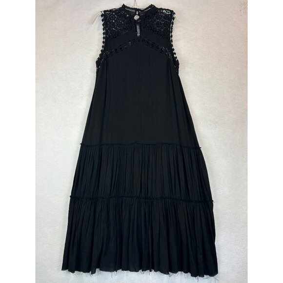 Fate Black Sleeveless Tiered Maxi Dress Lace Crochet Raw Hem Boho - Picture 11 of 13